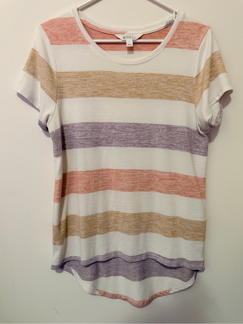 Market & Spruce White Tee with Coral, Tan & Lavender Stripes